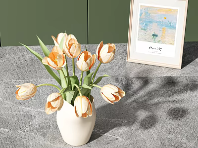 White Vase with Orange Tulips on Gray Tabletop near Green Wall with Framed 3d model