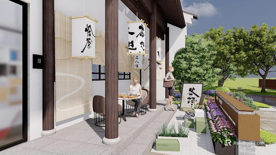 Japanese Garden Landscape With Outdoor Tea Seating Wooden Lanterns And Green Plants 3d model 