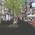 Bustling Shopping Street Featuring Shops Trees And Scooter On City Road