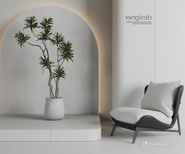 Modern Leisure Chair Interior Design With White Planter Green Plant Gray Wall And Soft Lighting 3d model 