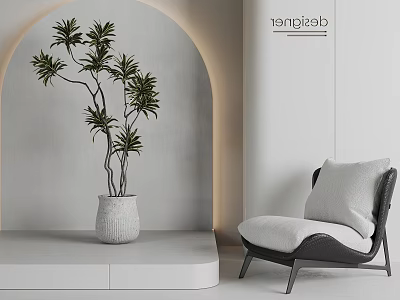 Modern Leisure Chair Interior Design With White Planter Green Plant Gray Wall And Soft Lighting 3d model
