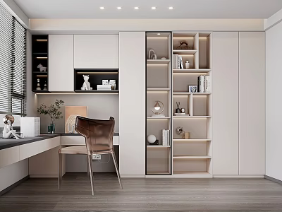 Modern Open Shelf Bookcase Design With Desk Chair Books And Decor 3d model