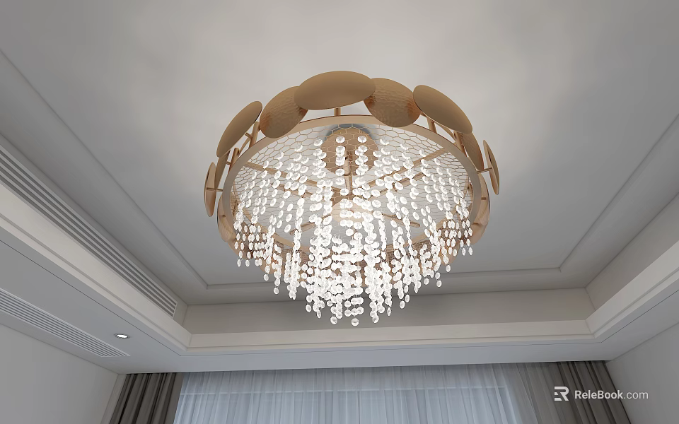 Elegant Circular Chandelier With Wooden Frame And Transparent Crystal Beads For Interior Decoration 3d model 