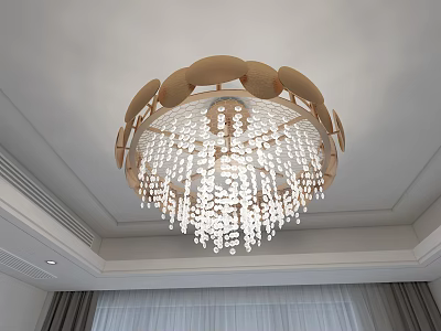 Elegant Circular Chandelier With Wooden Frame And Transparent Crystal Beads For Interior Decoration 3d model