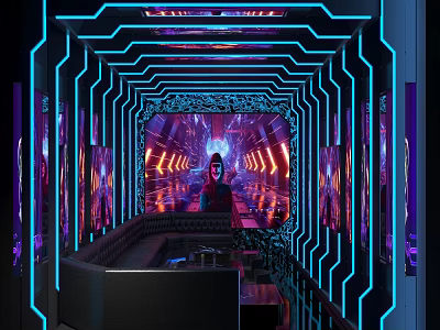 Modern KTV Interior With Neon Lights Sofa Background Screen And Decorative Paintings 3d model