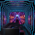 Modern KTV Interior With Neon Lights Sofa Background Screen And Decorative Paintings