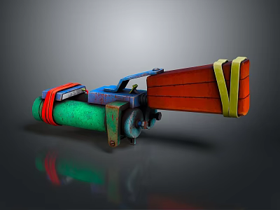 3D Rendered Weapon Featuring Green Red Blue Sections Yellow Straps And Mechanical Parts 3d model