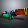 3D Rendered Weapon Featuring Green Red Blue Sections Yellow Straps And Mechanical Parts