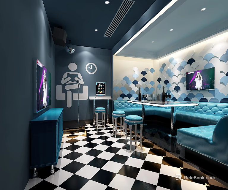 Modern KTV Lounge With Dark Blue Walls Black And White Checkered Floor And Blue Sofas 3d model 