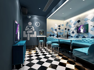Modern KTV Lounge With Dark Blue Walls Black And White Checkered Floor And Blue Sofas 3d model