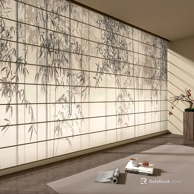 Bamboo Ink Painting Style Curtains Design For Modern Interior With Natural Light 3d model 