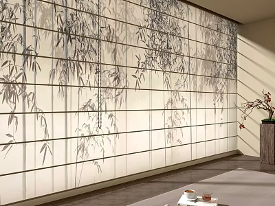 Bamboo Ink Painting Style Curtains Design For Modern Interior With Natural Light 3d model