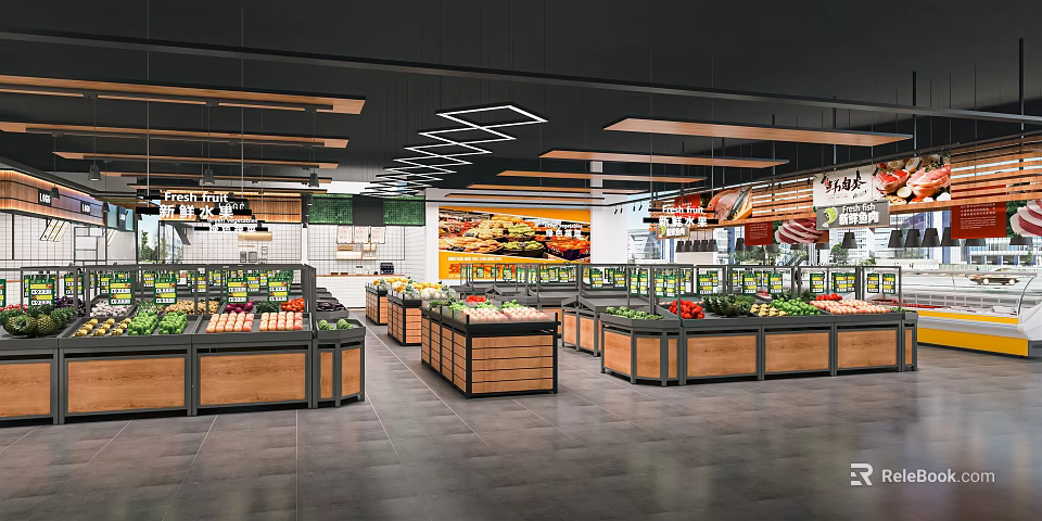 Supermarket Fresh Produce Section With Organized Fruit Vegetable Display Shelves And Bright Lighting 3d model 