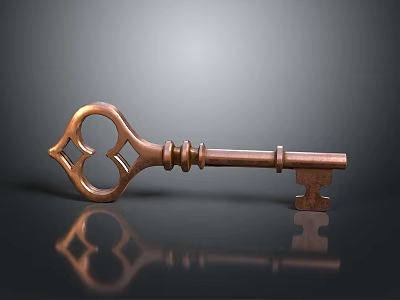 Antique Bronze Key With Ornate Head And Metal Texture On Dark Background With Reflection 3d model