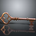 Antique Bronze Key With Ornate Head And Metal Texture On Dark Background With Reflection