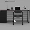 Modern Office Desk With Brown Top Black Frame Laptop Lamp Black Cup Headphones Gray Chair