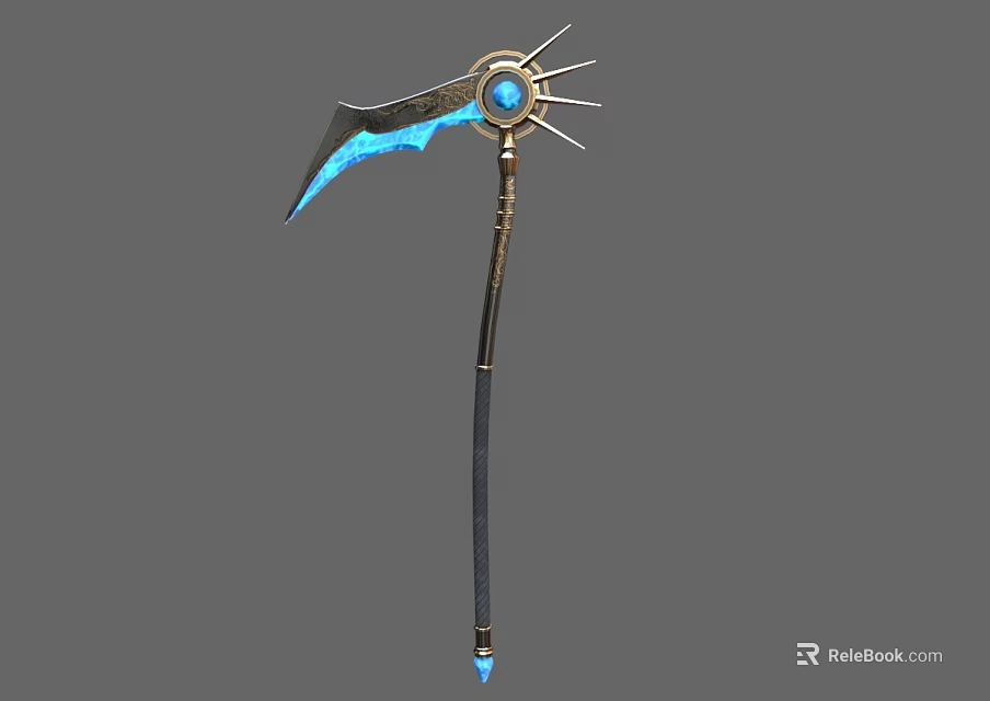 Long Handle Fantasy Weapon Featuring Blue Blade Circular Sunray Decoration And Blue Gem 3d model 