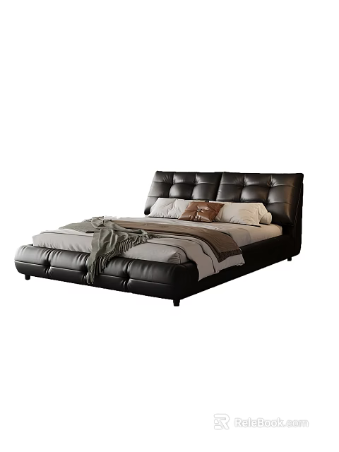 Modern Black Leather Double Bed With Padded Headboard Pillows And Throw Blanket 3d model