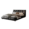 Modern Black Leather Double Bed With Padded Headboard Pillows And Throw Blanket 3d model