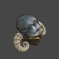 Medieval Fantasy Horned Helmet with Golden Accents Intricate Design and Curved Ram Horns on Dark