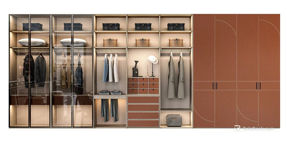 Modern Wardrobe Interior Design With Glass Doors Hanging Areas And Drawers 3d model 
