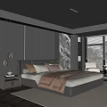 Modern Dark Bedroom Interior With Wooden Panel Wall King Size Bed Large Window And Armchair
