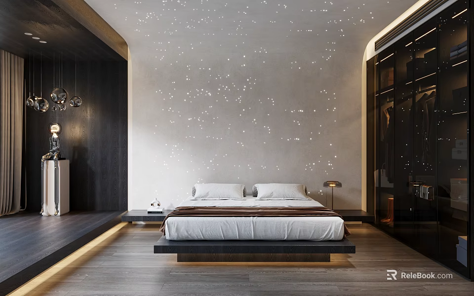 Modern Bedroom Interior With Starry Ceiling Platform Bed Built in Wardrobe And Ambient Lighting 3d model 