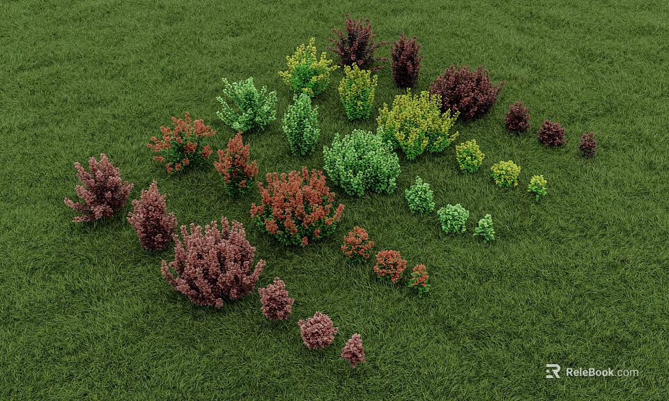 Various Colorful Bushes in Different Sizes on Lush Green Grass Field 3d model 
