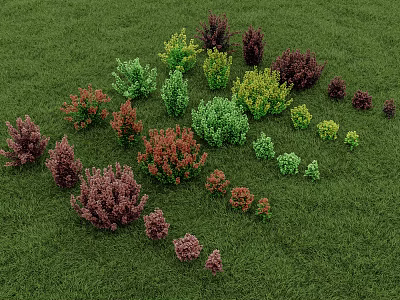 Various Colorful Bushes in Different Sizes on Lush Green Grass Field 3d model