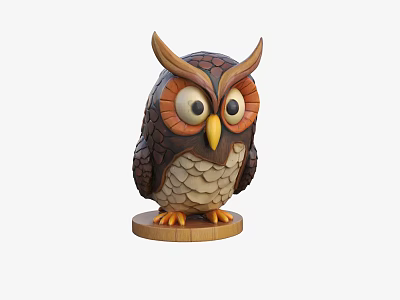 Wooden Owl Figurine Decorative Ornament Set with Base for Home Decoration 3d model