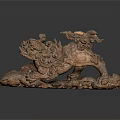 Traditional Wooden Mythical Lion Carving With Intricate Cloud Patterns And Ancient Style