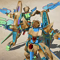 Two Vibrant Robot Action Figures With Futuristic Weapons And Detailed Armor