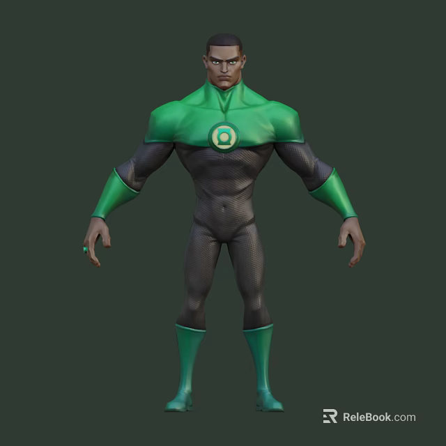 Muscular Game Movie Superhero Character Wearing Green Black Costume With Circular Emblem 3d model 