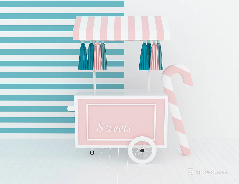Functional Pink Sweet Cart With Striped Awning And Candy Cane 3d model 