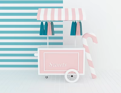 Functional Pink Sweet Cart With Striped Awning And Candy Cane 3d model