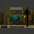Cartoon Room Scene With Stone Walls Bookshelves Red Bed Blue Machine TV And Green Rug