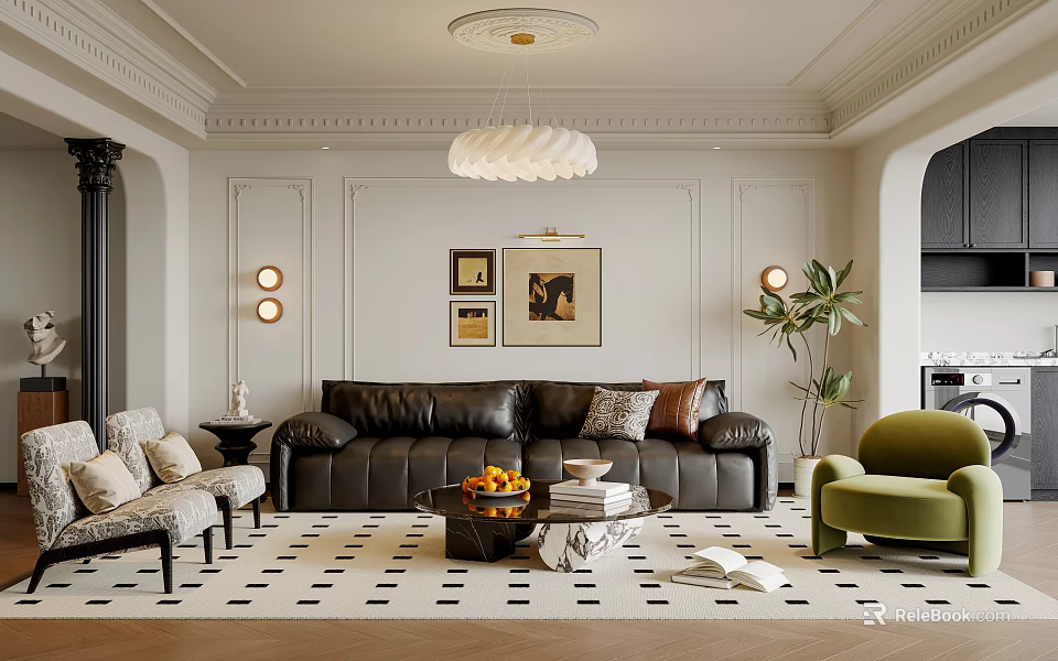 Elegant Living Room Interior With Black Leather Sofa Green Armchair Chandelier And Geometric Rug 3d model 