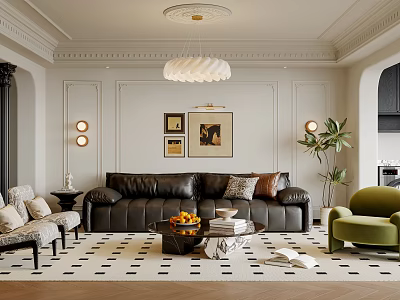 Elegant Living Room Interior With Black Leather Sofa Green Armchair Chandelier And Geometric Rug 3d model