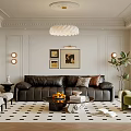 Elegant Living Room Interior With Black Leather Sofa Green Armchair Chandelier And Geometric Rug