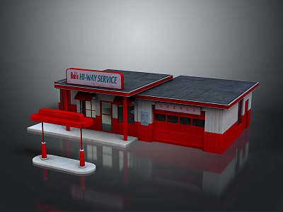 Gas Station Equipment With Fuel Pump Red White Building And Fast Navy Service Sign 3d model