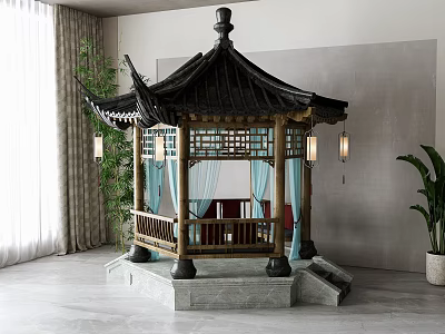 Traditional Chinese Wooden Garden Pavilion With Black Roof Blue Curtains And Stone Base 3d model