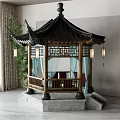 Traditional Chinese Wooden Garden Pavilion With Black Roof Blue Curtains And Stone Base