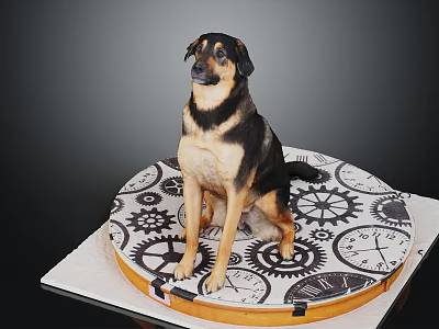 Dog Sitting Comfortably On A Circular Mat With Gears And Clocks Patterns 3d model