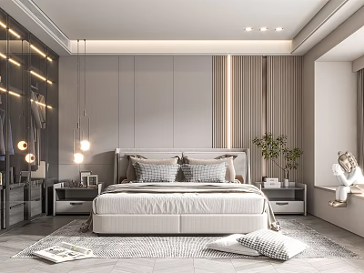 Elegant Modern Bedroom Interior With Large Bed Pendant Lights And Decorative Rug 3d model