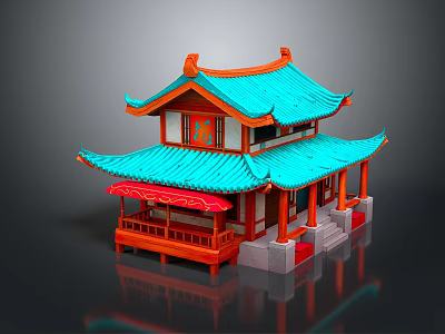 Traditional Chinese Two Story Building With Blue Roof Red Pillars And Ornate Design 3d model