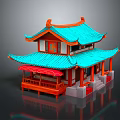 Traditional Chinese Two Story Building With Blue Roof Red Pillars And Ornate Design