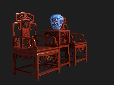 Traditional Chinese Redwood Carved Furniture Set With Chairs Side Table And Blue White Vase 3d model