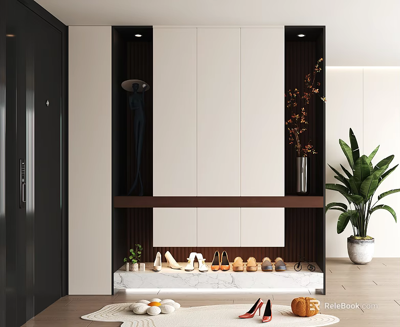 Modern Stylish Shoe Cabinet With Storage Shelves And Decorative Green Plant 3d model 