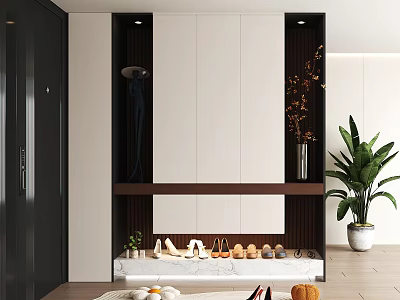 Modern Stylish Shoe Cabinet With Storage Shelves And Decorative Green Plant 3d model