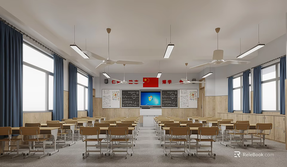 School Classroom Interior With Desks Chairs Blackboard National Flag Fans Wall Charts And Windows 3d model 